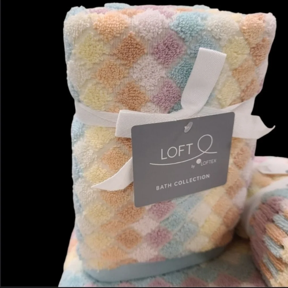 8pc Loft Summer Pastel Rainbow Diamond Check Bath Hand Washcloth Towel Set New